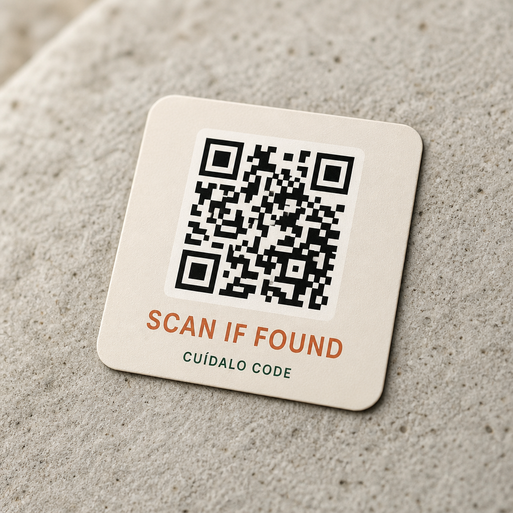 Cuídalo Code label — SCAN IF FOUND QR label on stone surface